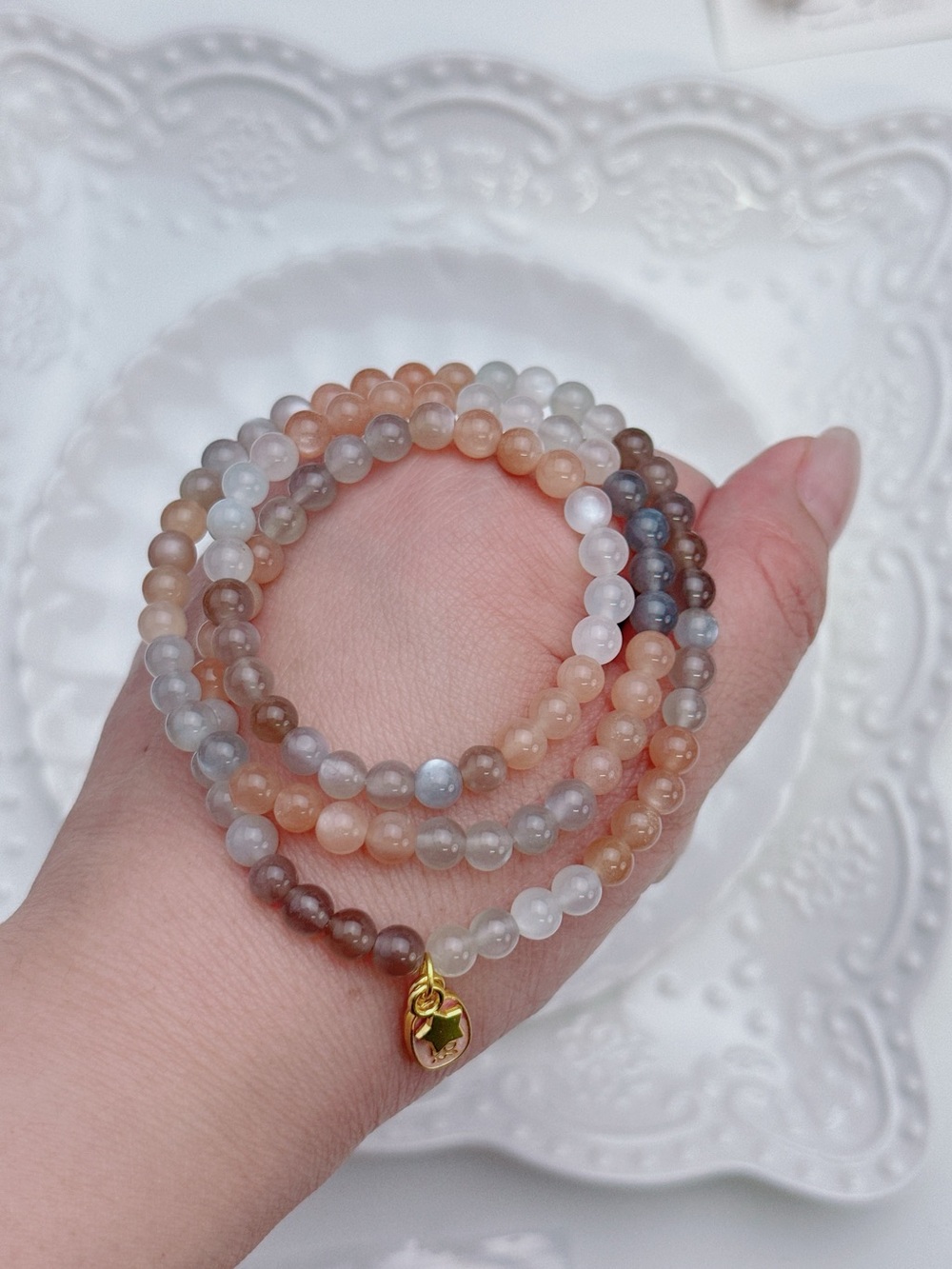 GB101 Handmade Ombré Moonstone Triple Layers Stretchable Bracelet 5-6mm 21”